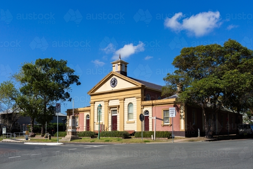 Morpeth Court House now museum with clock on historic architecture - Australian Stock Image