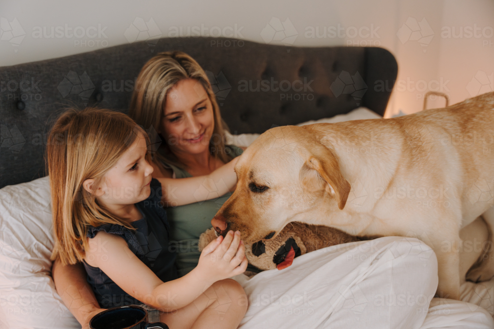 Mother and daughter cuddling on the bed with a stuffed animal. - Australian Stock Image