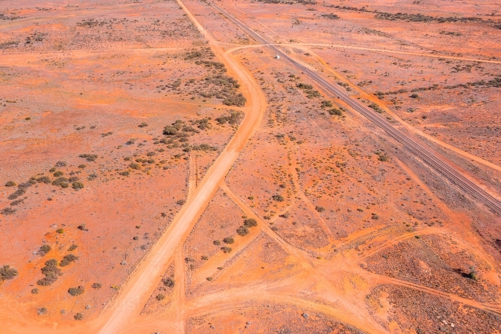 multiple tracks and roads near the trans Australian railway line in Central Australia - Australian Stock Image