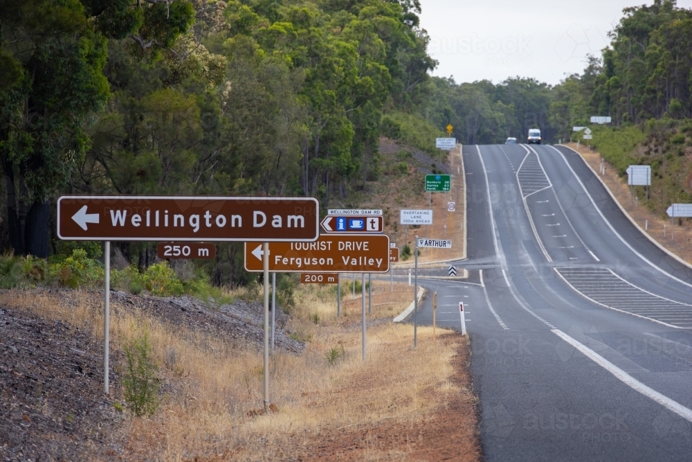 multitude of road signs at the Wellington Dam turn-off on Coalfields Highway near Collie - Australian Stock Image