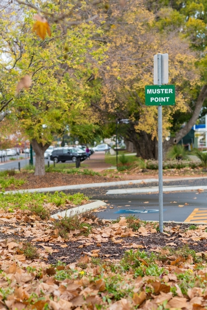 Muster point in car park with autumn leaves - Australian Stock Image