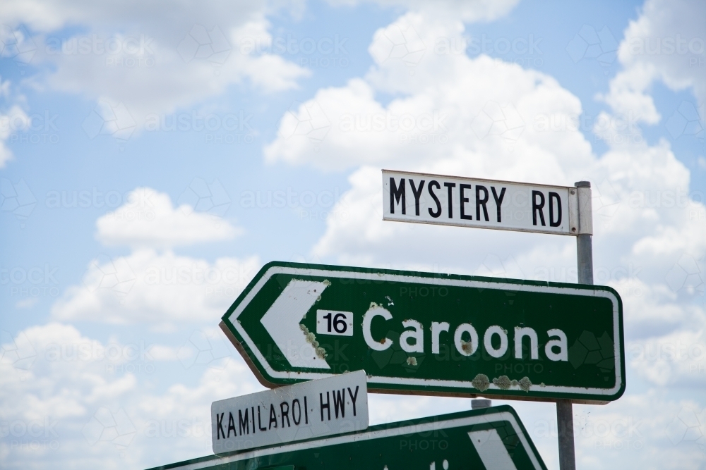 Mystery Road sign to Caroona on the Kamilaroi Highway - Australian Stock Image