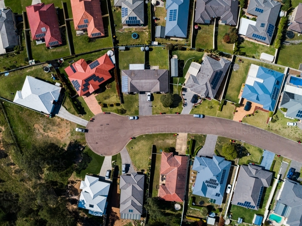 Neat houses and yards seen from above - singleton - Australian Stock Image