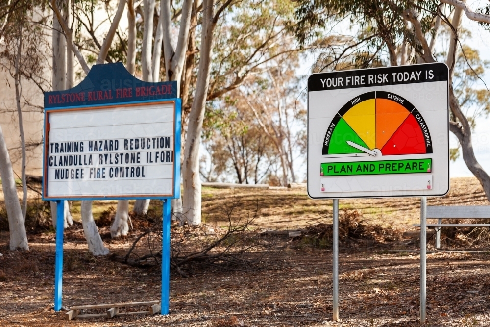 New fire danger rating sign and Rylstone rural fire brigade sign - Australian Stock Image