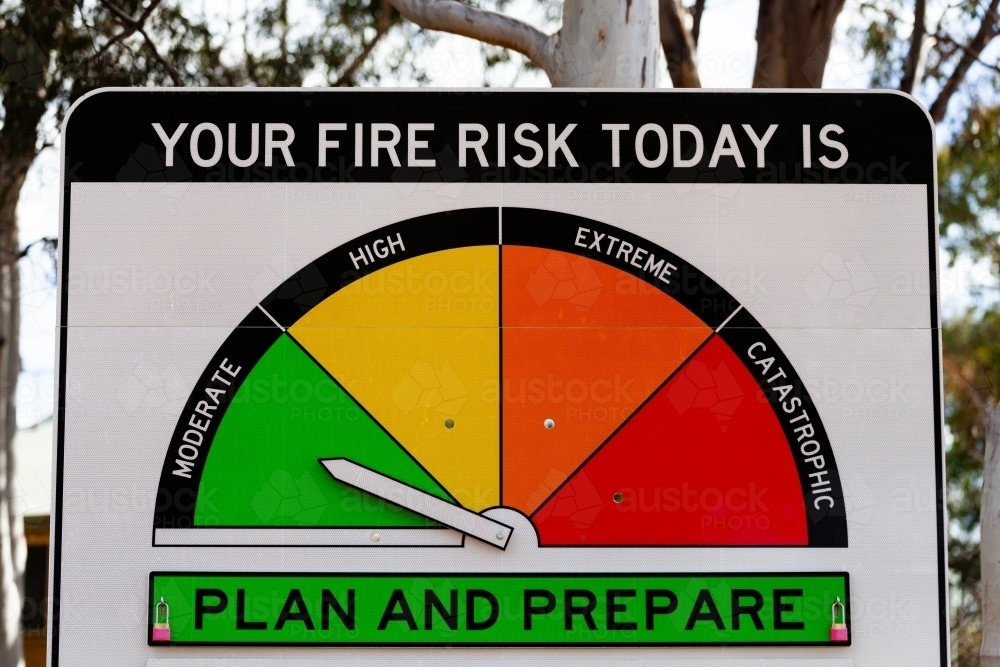 New fire danger rating sign arrow pointing at moderate plan and prepare - Australian Stock Image