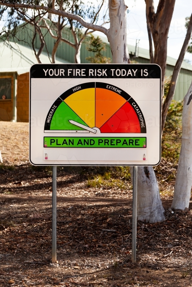 New fire danger rating sign indicating moderate fire risk in bushland - Australian Stock Image