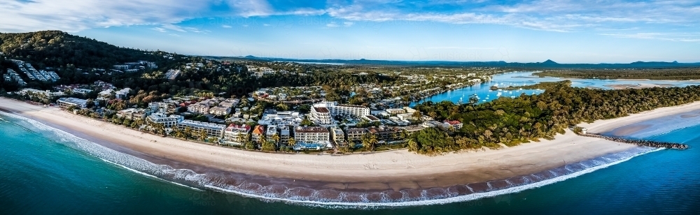 Noosa Main Beach Drone Panorama - Australian Stock Image