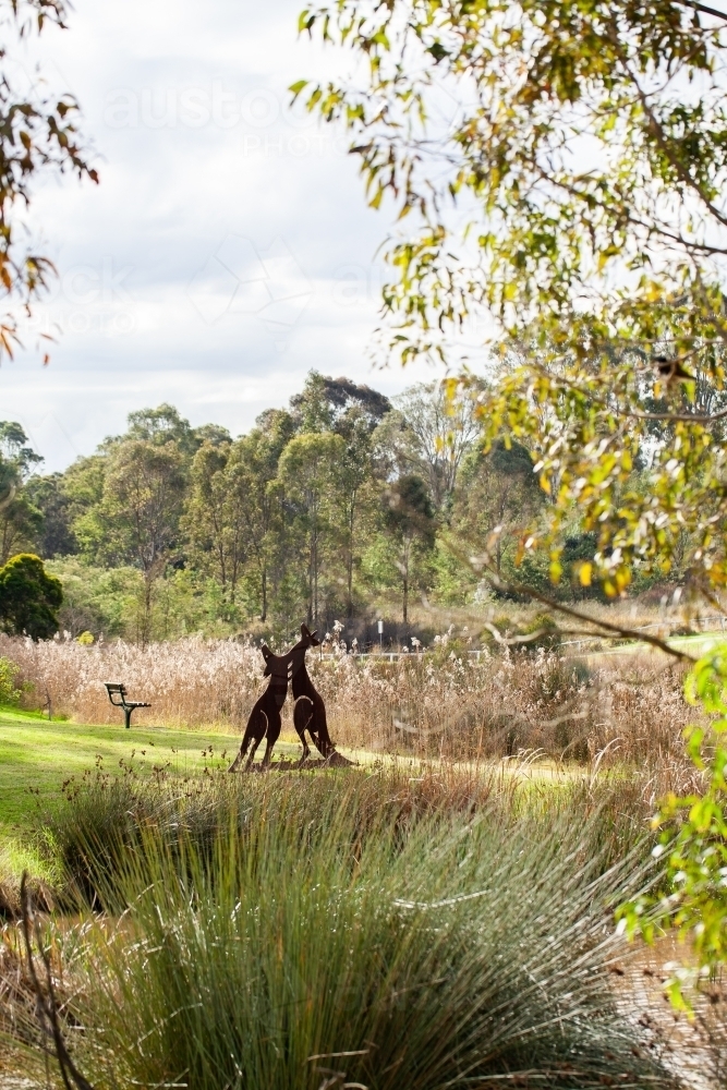 Nowlan park in Singleton with metal kangaroos beside dam - Australian Stock Image