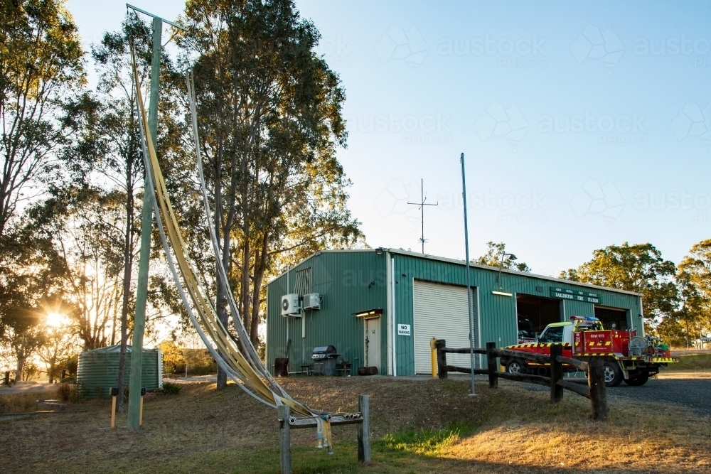 NSW rural fire service station at darlington with firetruck and hoses drying - Australian Stock Image