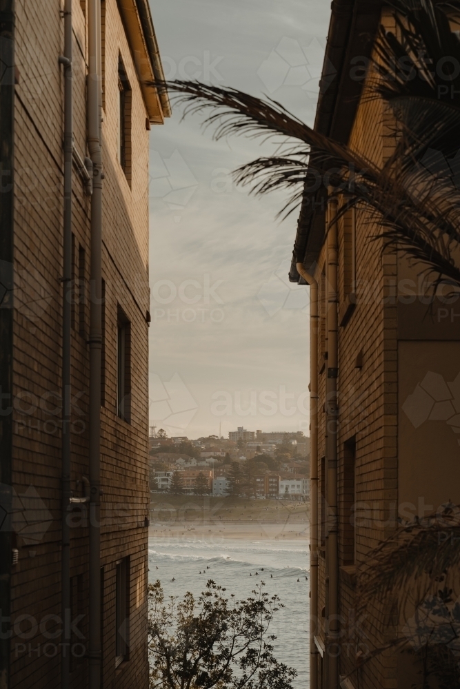 Ocean view between two apartment buildings at sunset over Bondi Beach on a winter afternoon. - Australian Stock Image