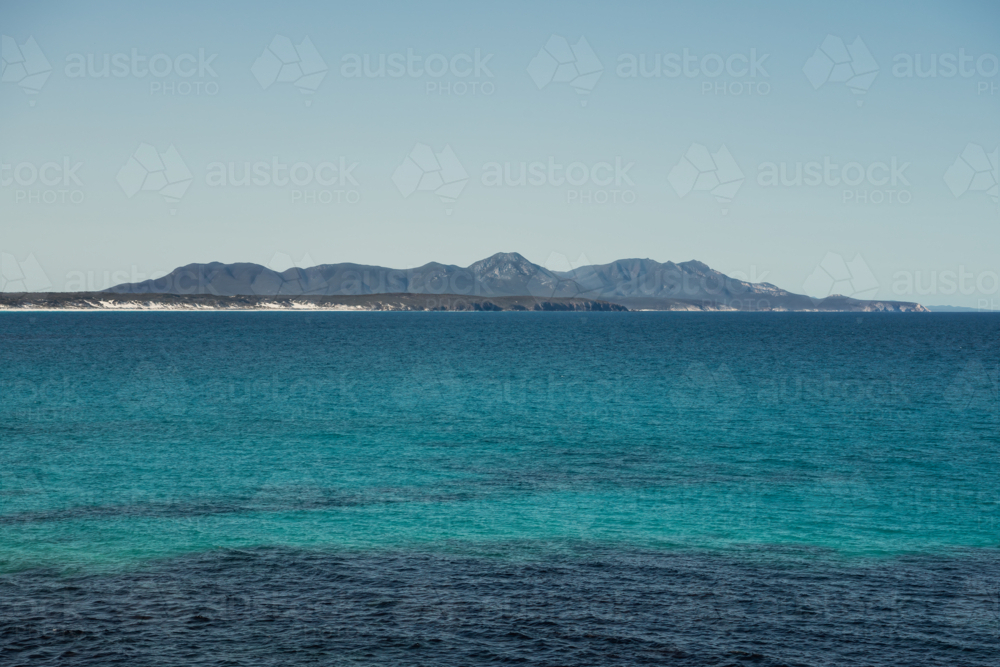 Ocean view towards towards mountains in National Park - Australian Stock Image