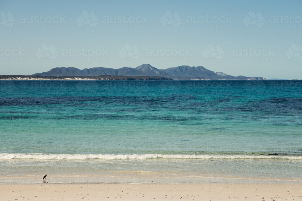 Ocean view towards towards mountains in National Park - Australian Stock Image