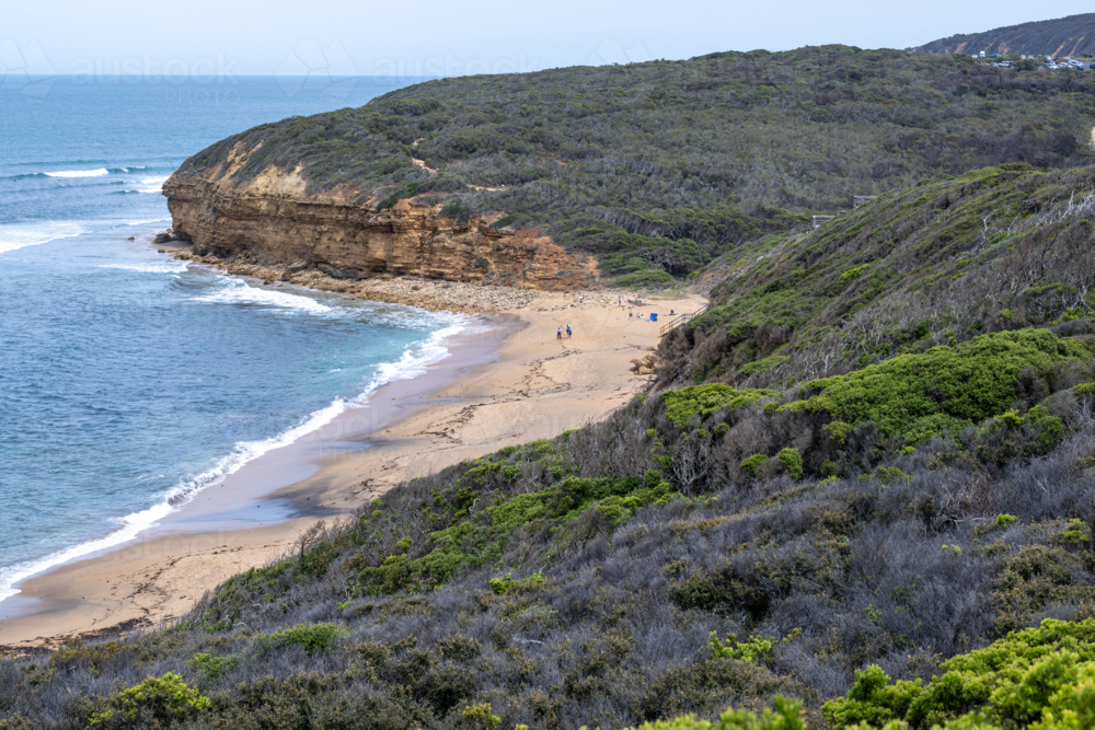 ocean water sand and cliff landscape of Bells Beach - Australian Stock Image