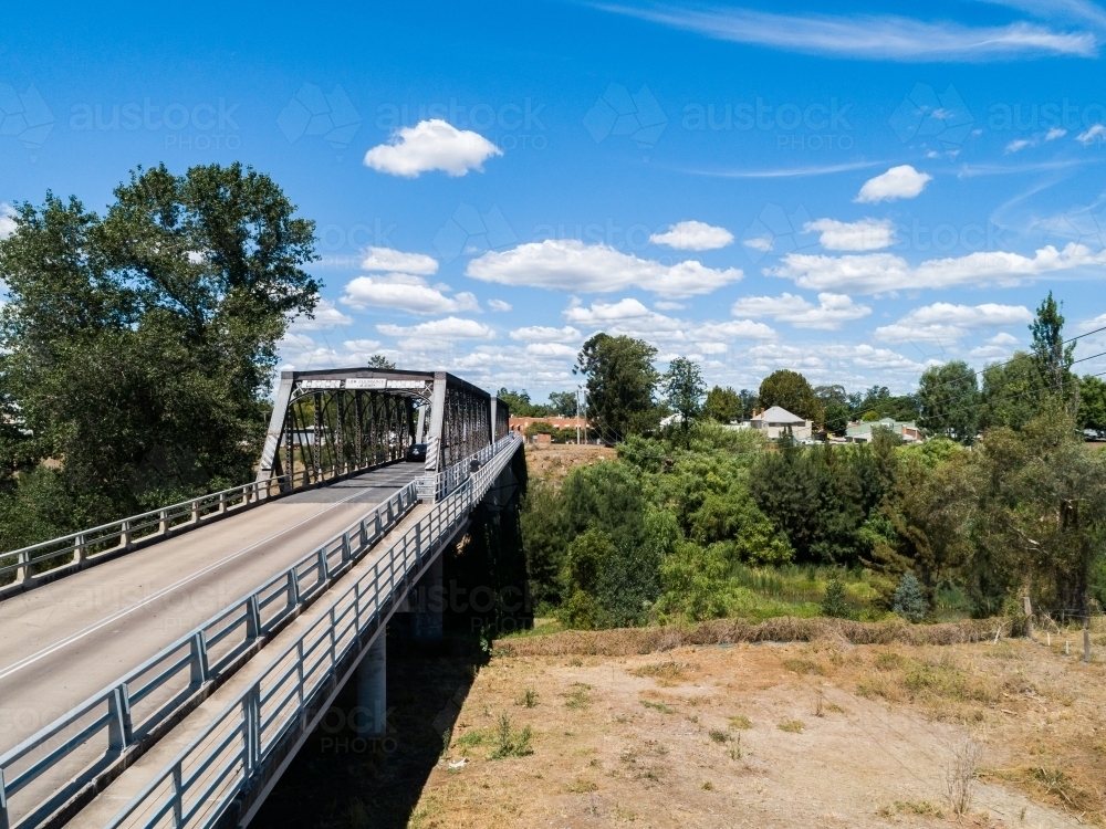 Old Dunolly Ford Bridge over Hunter River in Singleton shot from drone - Australian Stock Image