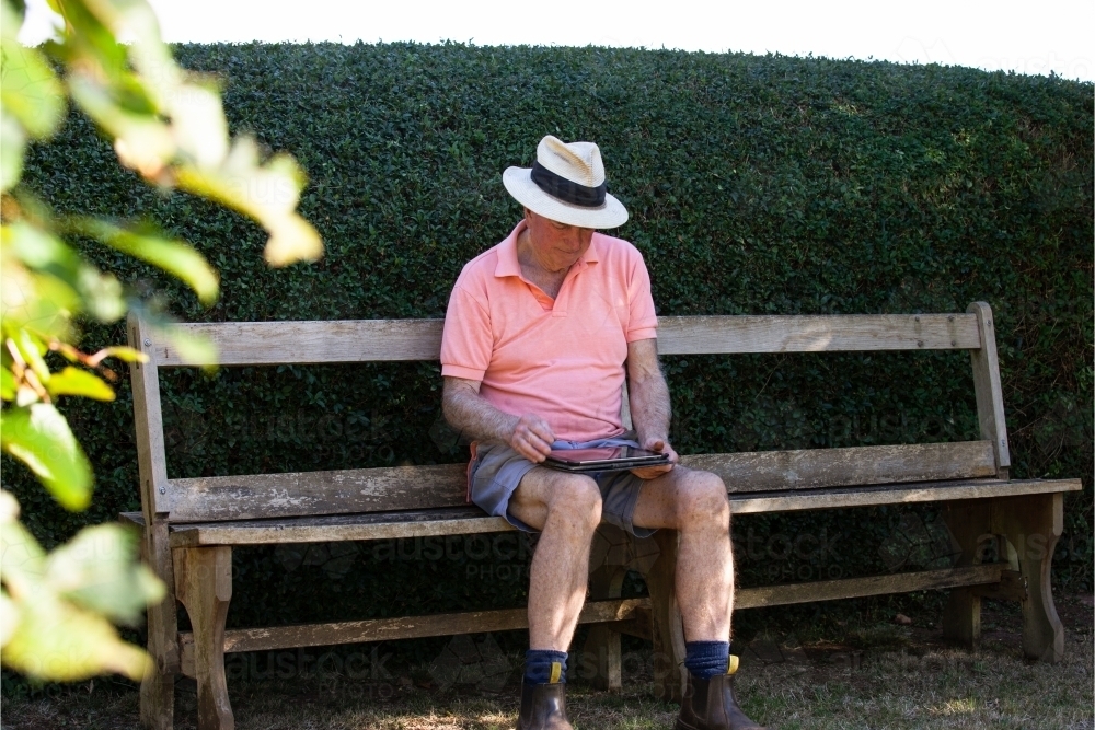 Old man sitting on a bench looking at his tablet - Australian Stock Image