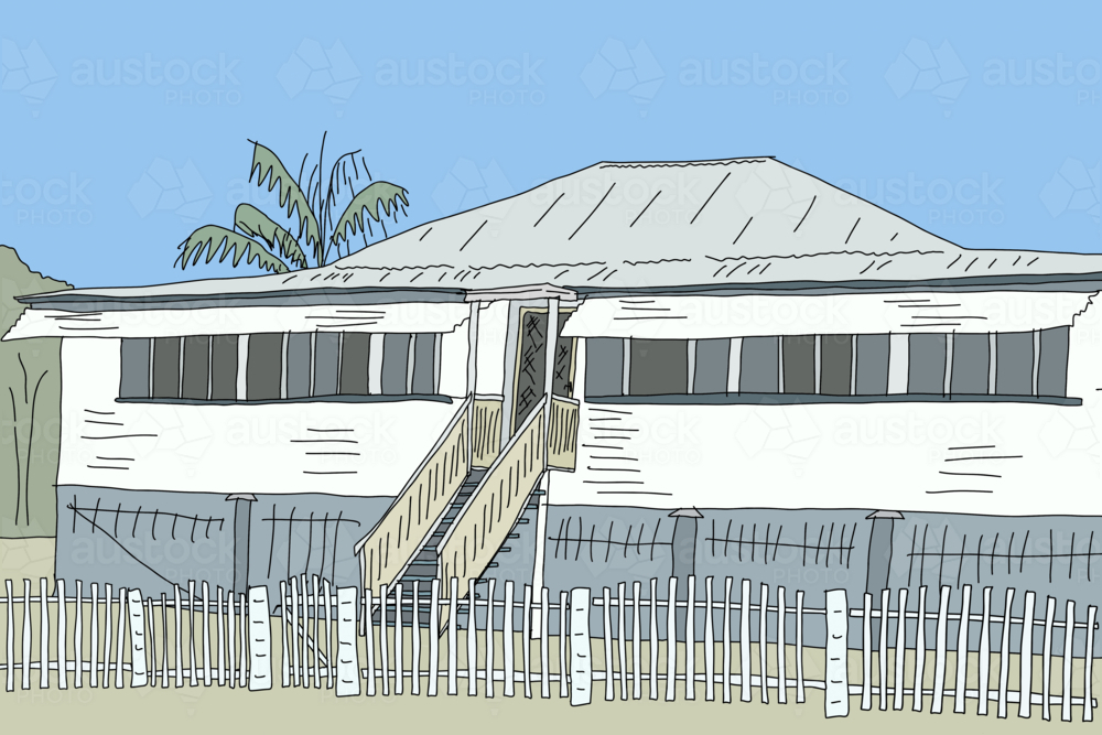 Old Queenslander house with tin roof, front steps and covered verandahs - Australian Stock Image