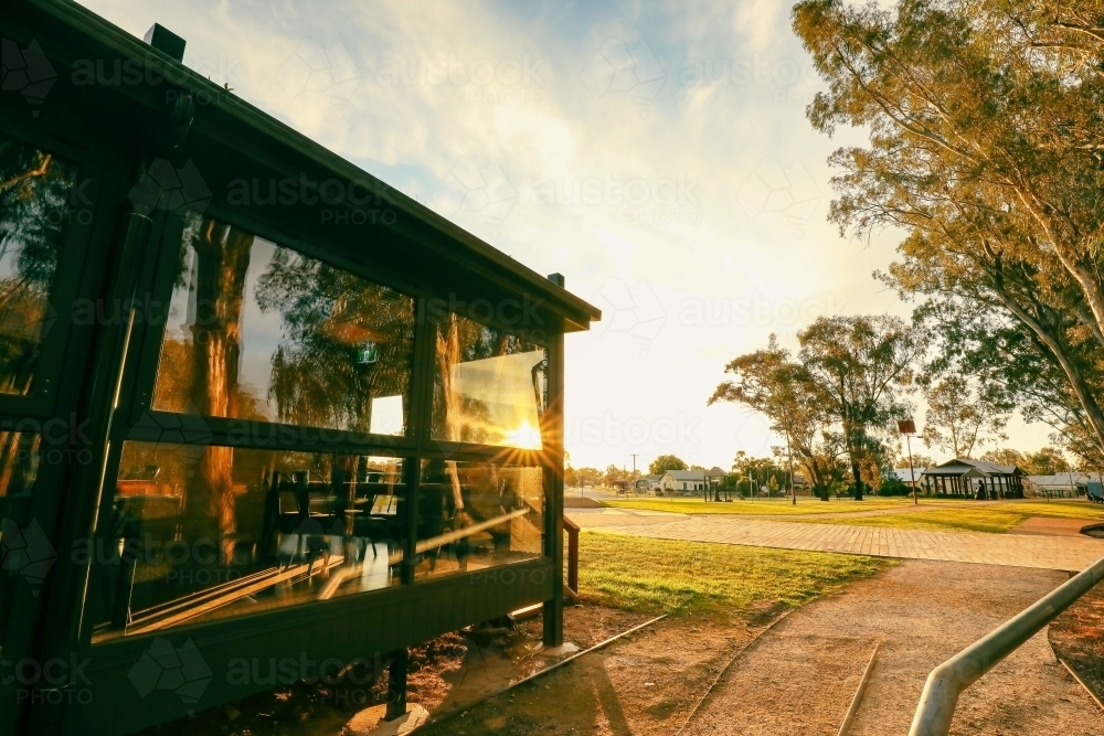 Old railway goods shed at Koondrook after 2021 renovation in golden afternoon sunlight - Australian Stock Image