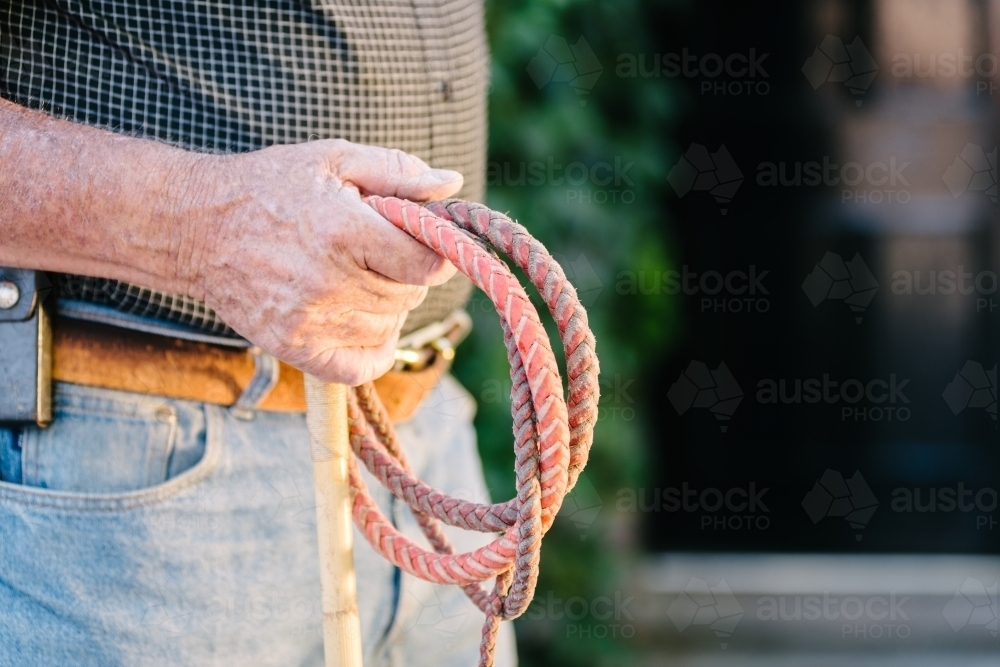 old retired cowboy holding a whip - Australian Stock Image