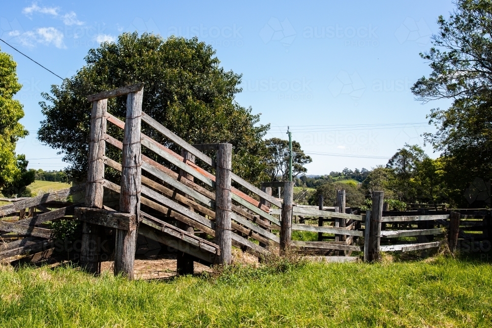 old timber cattle ramp - Australian Stock Image