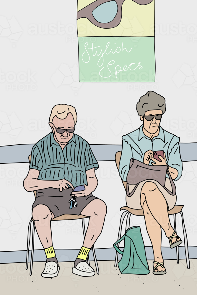 Older man and woman in optometrist waiting room - Australian Stock Image