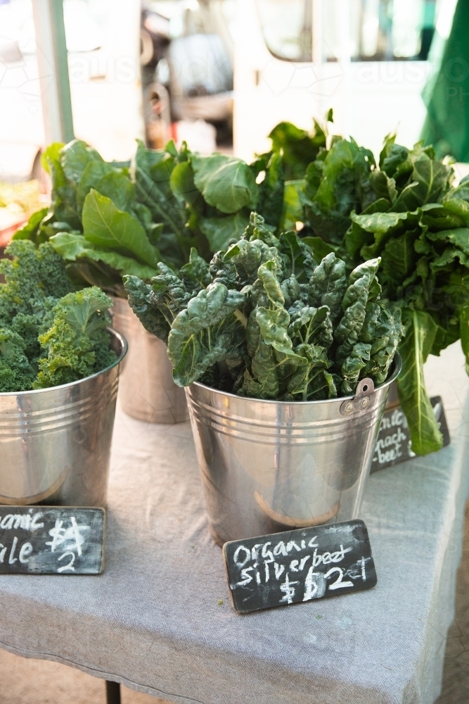 organic vegetables in buckets at the markets - Australian Stock Image