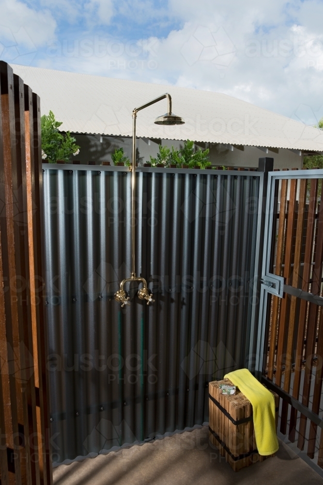 Outdoor shower detail in a new modern house - Australian Stock Image