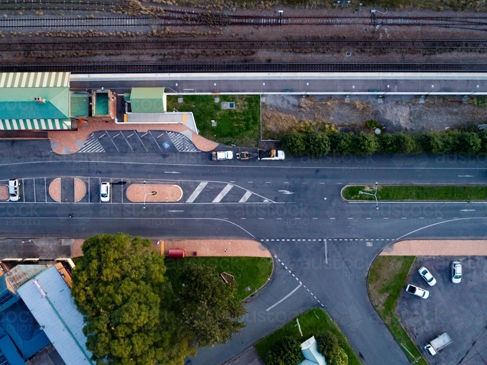 Overhead aerial view of train station in singleton - Australian Stock Image