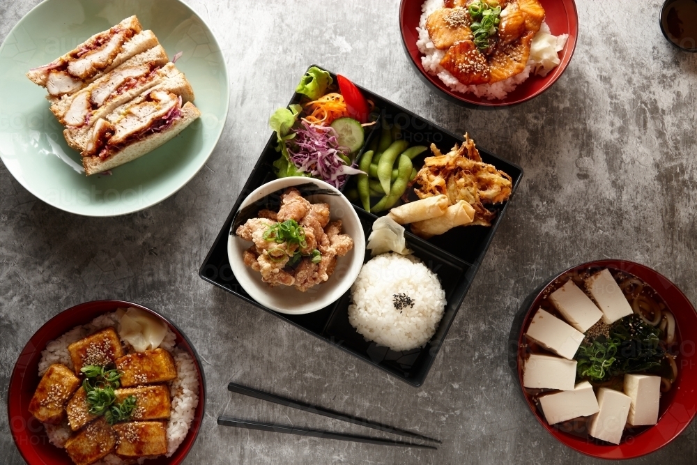 Overhead shot of Japanese dishes on table - Australian Stock Image