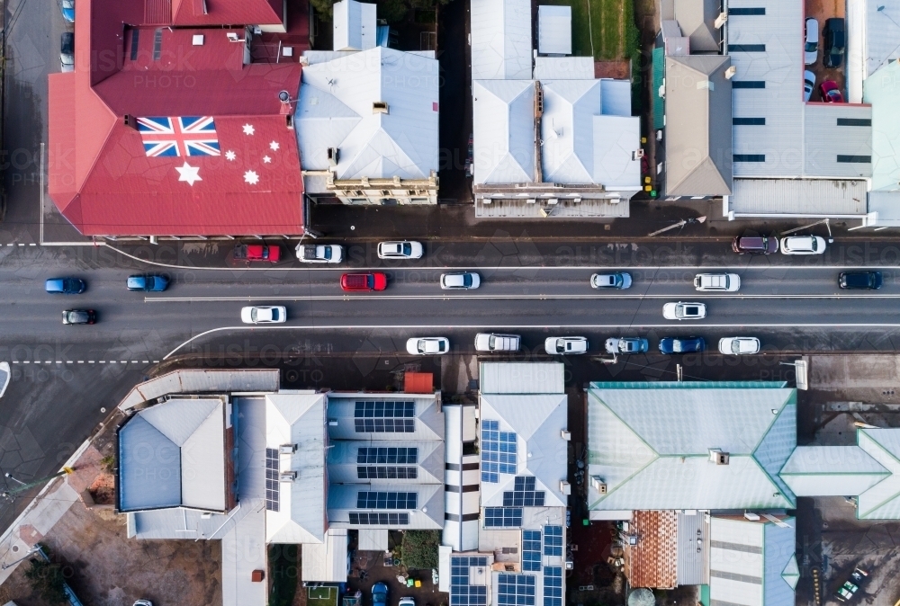 Overhead top down view of busy street and buildings in Aussie town - Australian Stock Image