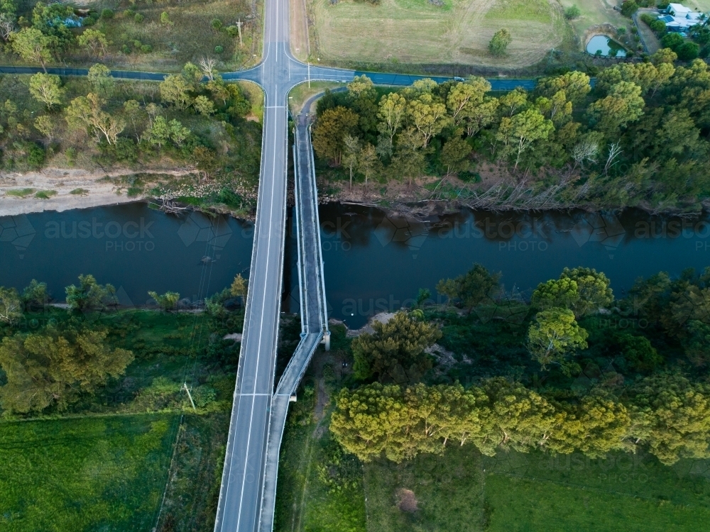 Overhead view of bridge and pedestrian bridge over hunter river - Australian Stock Image