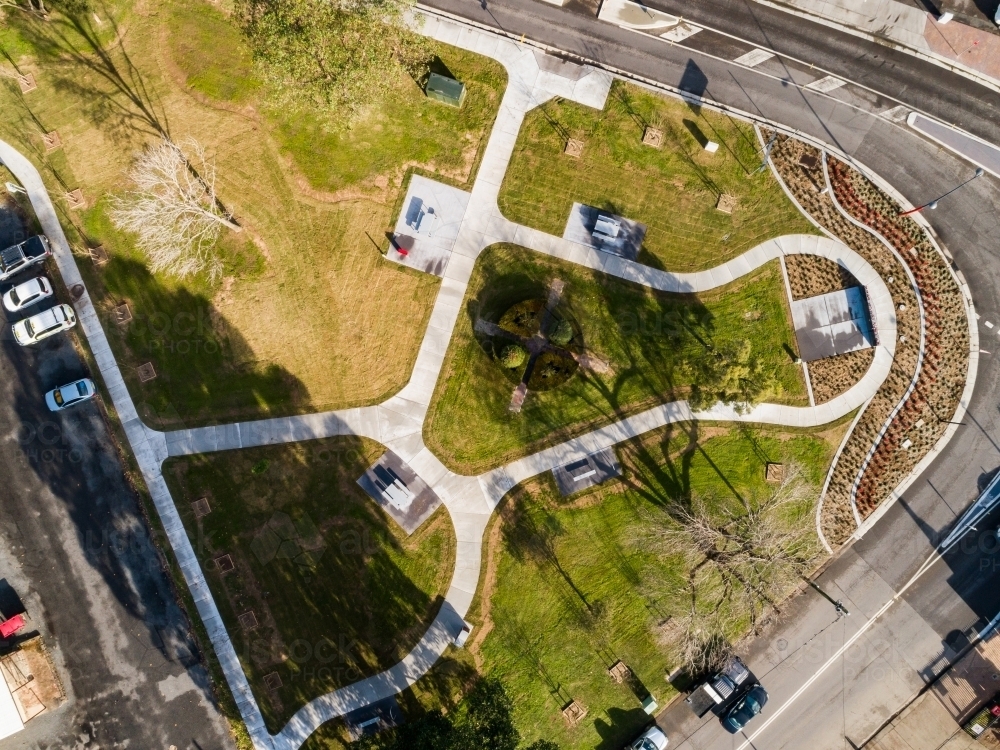 Overhead view of park with new laid grass turf - Australian Stock Image