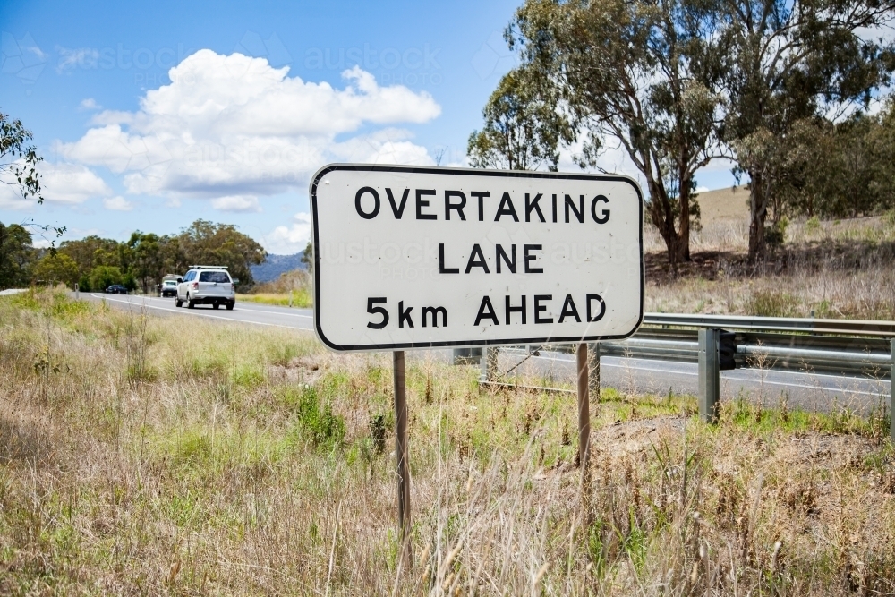 Overtaking lane 5km ahead sign - Australian Stock Image