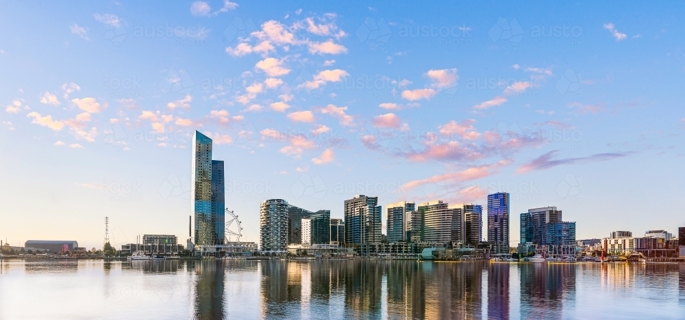 Panorama of Melbourne CBD Docklands buildings and Yarra river - Australian Stock Image