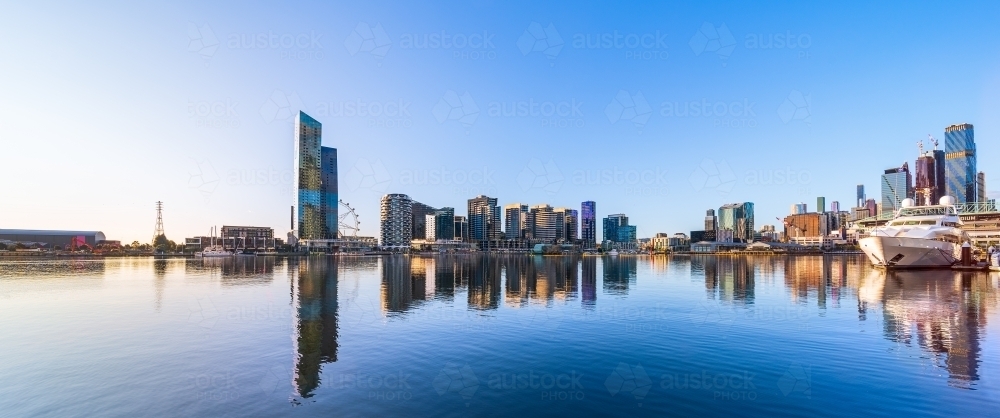 Panorama of Melbourne CBD Docklands buildings and Yarra river - Australian Stock Image