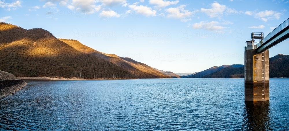 Panorama of Talbingo Dam in late afternoon light - Australian Stock Image