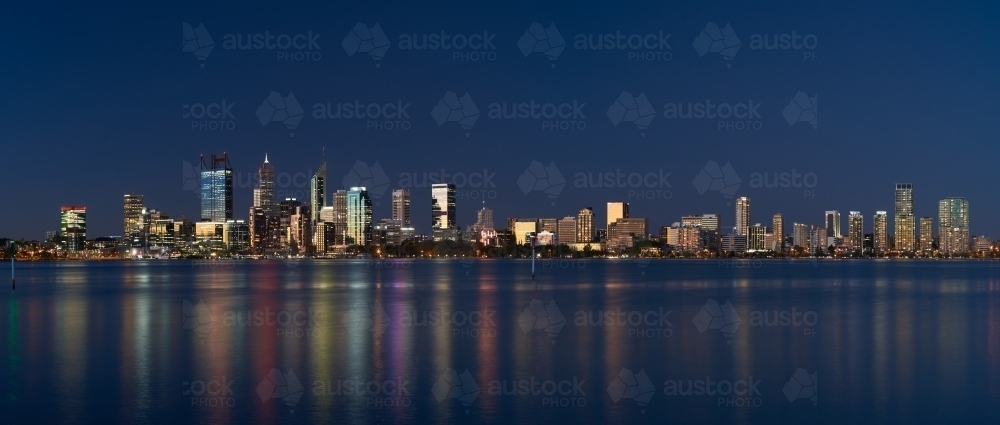 Panoramic view of downtown Perth, Australia, with sunset light reflecting off the skyscrapers - 2021 - Australian Stock Image