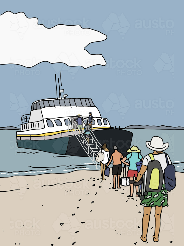 People boarding ferry after a day at the beach - Australian Stock Image