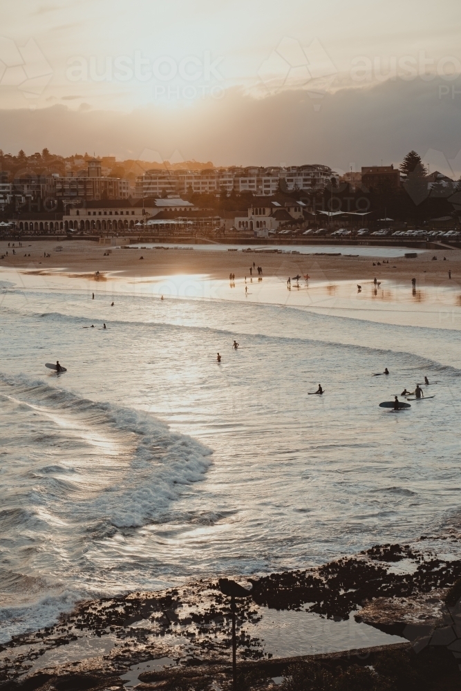 People swimming and surfing at Bondi beach at sunset. - Australian Stock Image