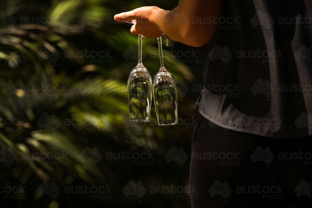 Person holding two champagne glasses upside down with leaves in the background - Australian Stock Image