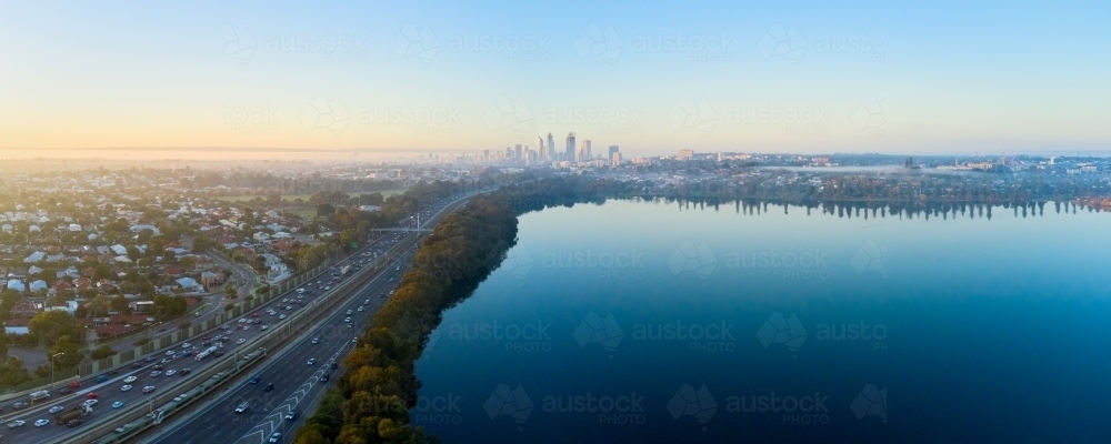 Perth Aerial Panoramic View Over Lake Monger on Misty Morning - Australian Stock Image