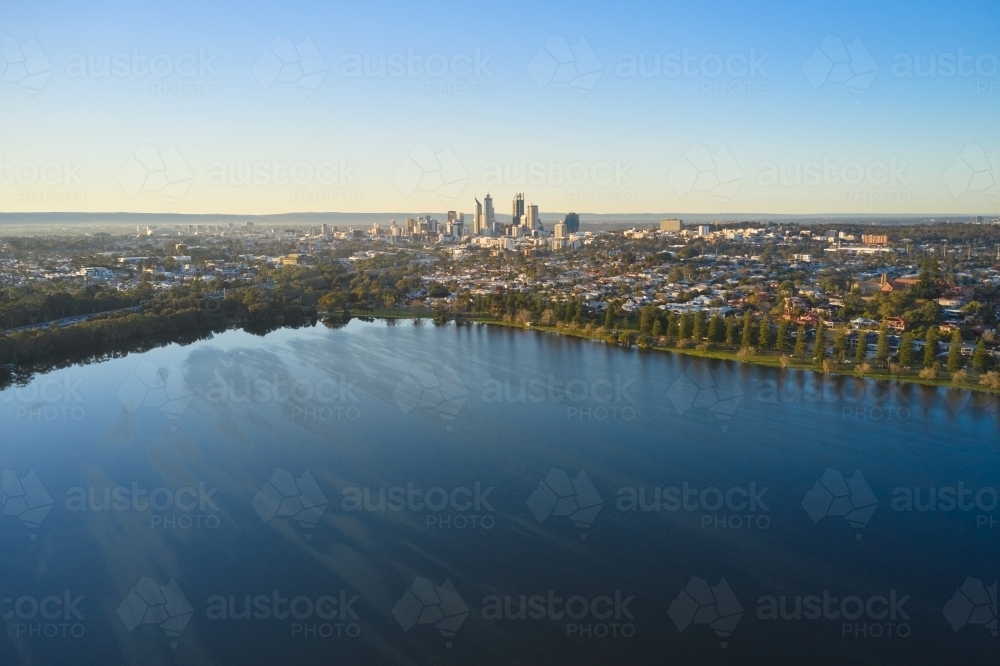 Perth Skyline Across Lake Monger Aerial View - Australian Stock Image