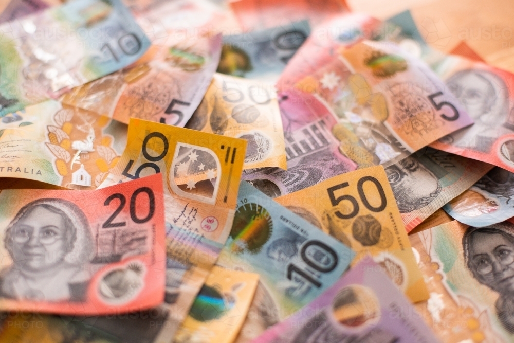 pile of australian money notes assorted - Australian Stock Image