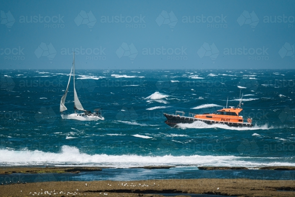 Pilot boat passes sail boat - Australian Stock Image