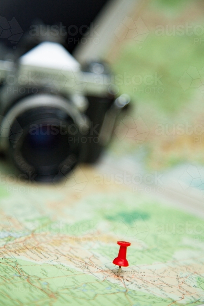 Pin marking road trip destination on map - Australian Stock Image