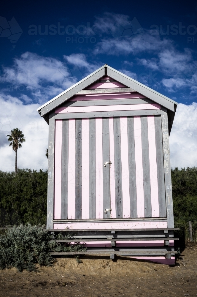 Pink and Grey Striped Beach Box, Brighton, Melbourne, Victoria - Australian Stock Image