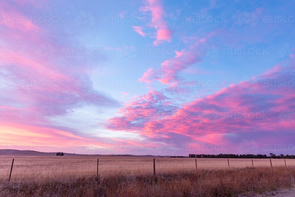 pink sunrise over farm land - Australian Stock Image