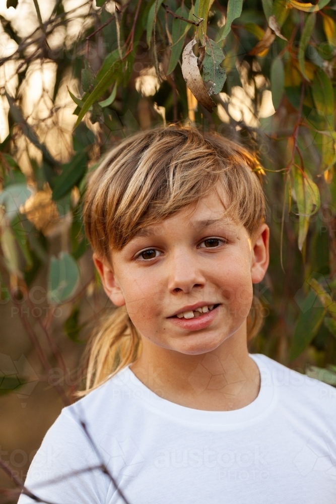 Portrait of an aboriginal boy surrounded by gum leaves on eucalypt tree - Australian Stock Image