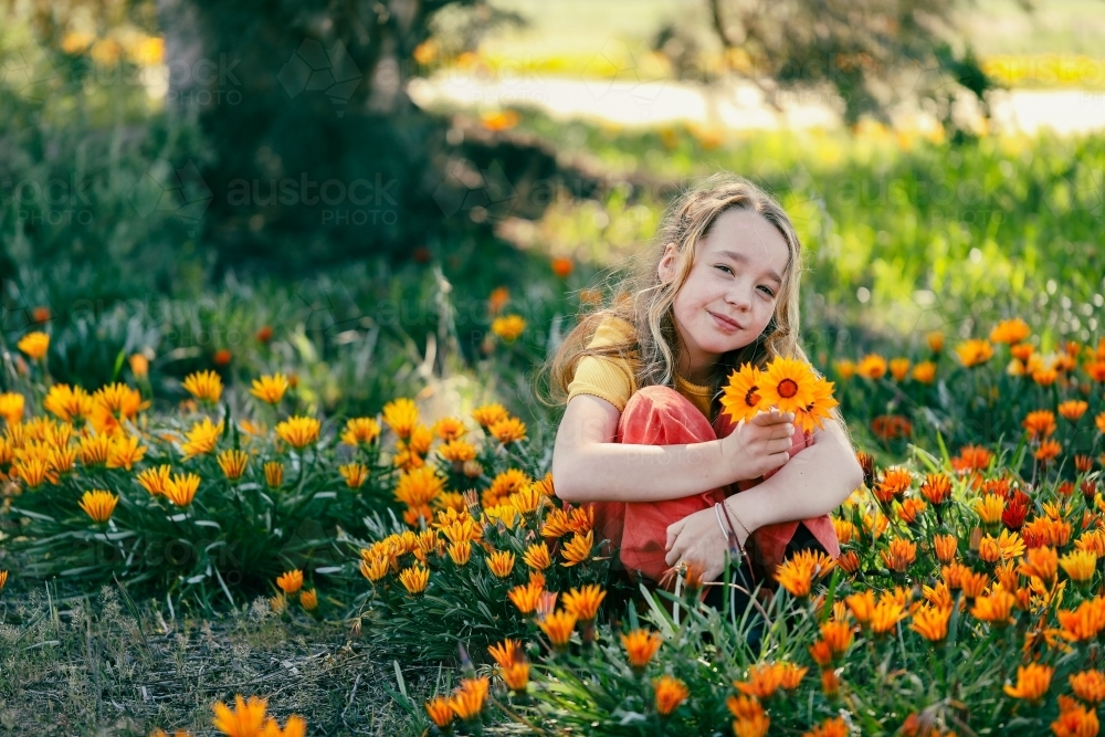 Portrait of girl sitting in field with vibrant orange and yellow gazania wildflowers - Australian Stock Image