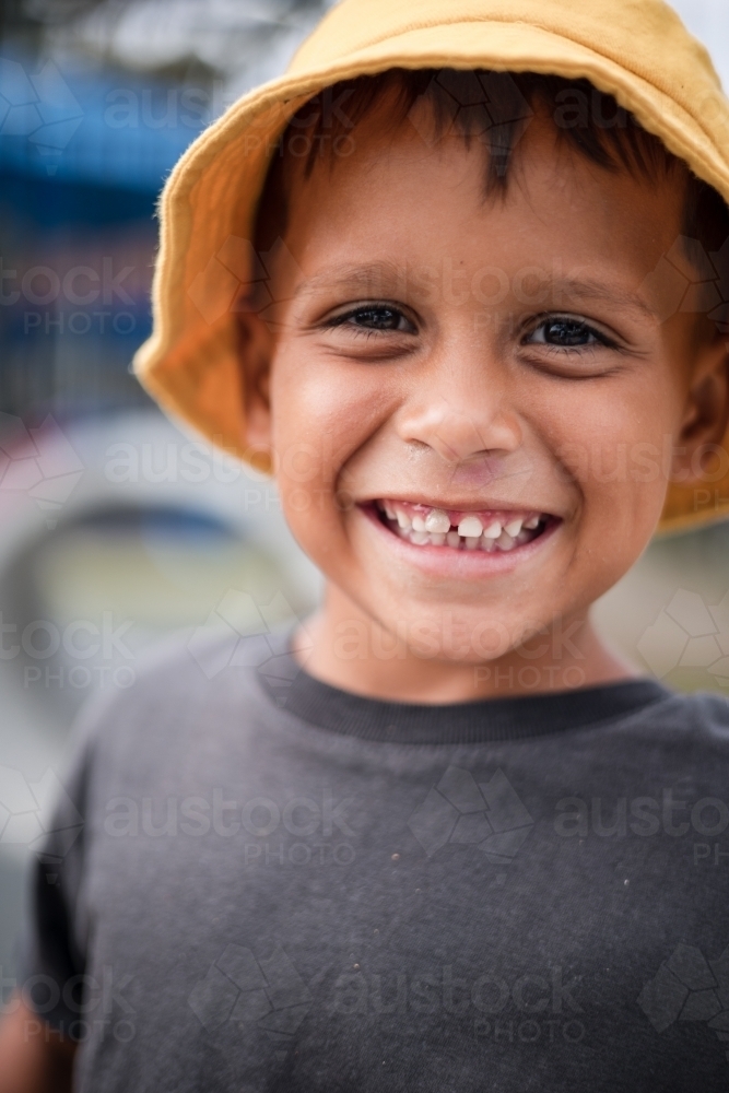 Portrait of young Aboriginal boy at preschool - Australian Stock Image