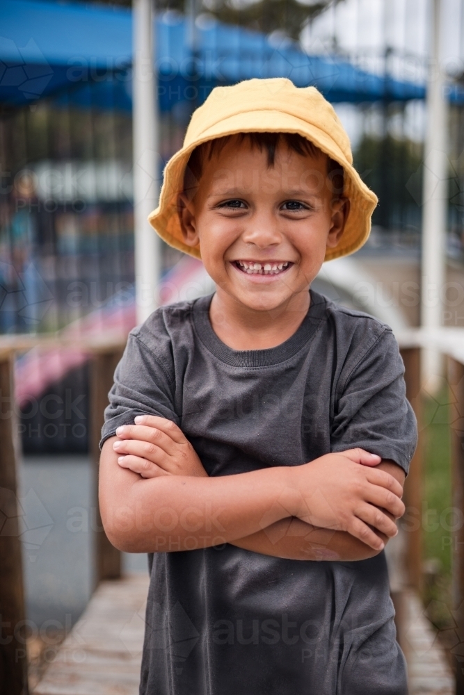 Portrait of young aboriginal boy at preschool - Australian Stock Image